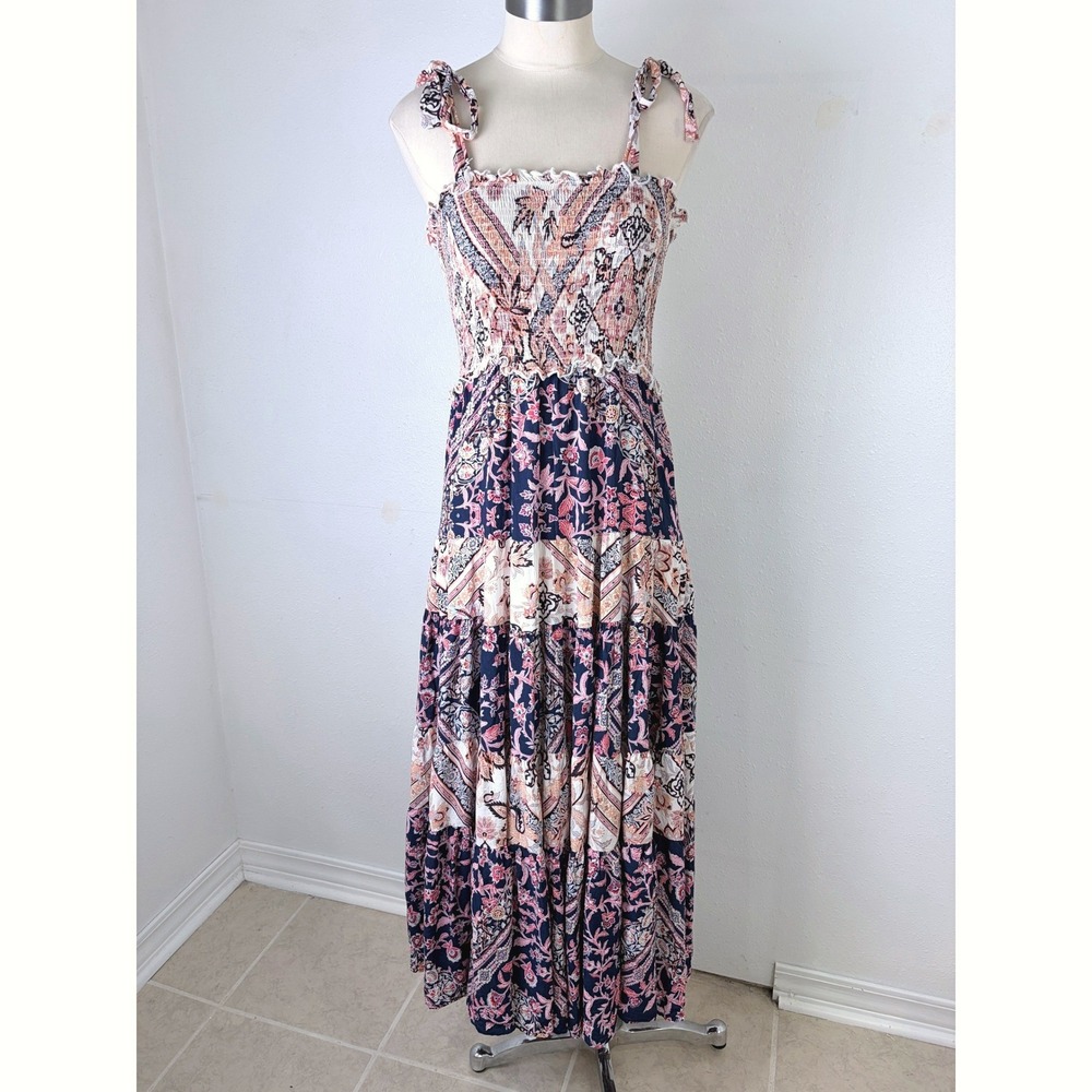 Abel The Label Paisley Smocked Tie Shoulder Tiered Maxi Dress Resort XS